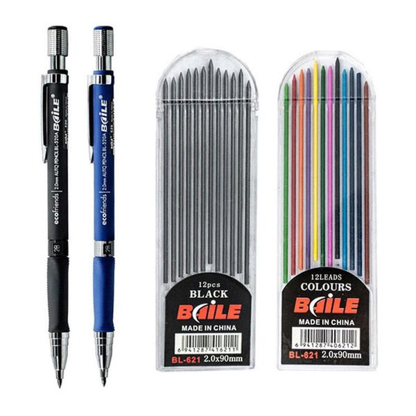 

2.0mm mechanical pencil set art painting automatic pencils for writing black colors lead school exam supplies stationery refills, Black;red