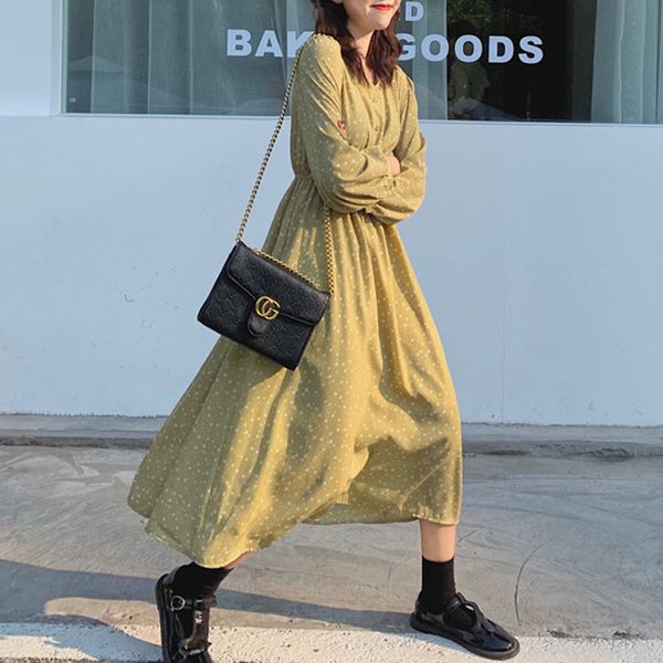 

dresses casual green floral print women v-neck full sleeve elastic waist female dress spring summer vestidos femme 64z5, Black;gray