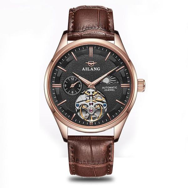 

wristwatches ailang men moon phase display perspective hollow fully automatic mechanical watch wrist pointer tourbillon waterproof 8607c, Slivery;brown