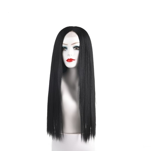 

long straight hair wig front lace chemical fiber women's wig headcover, Black