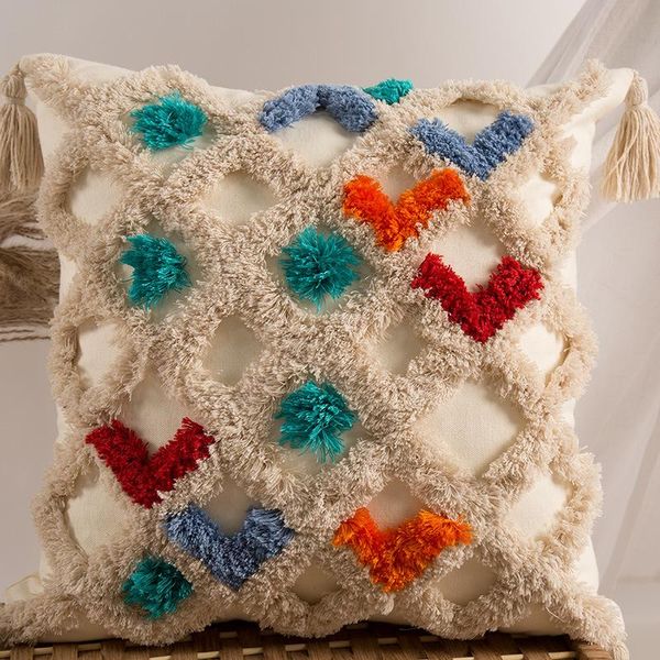 

cushion/decorative pillow sofa bedroom decoration colorful grid tufted cushion cover boho style handmade with tassels cotton 45x45cm zip ope