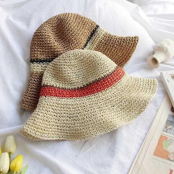 

01912-yanzi summer handmade paper grass fold lady beach holiday bucket cap women leisure hat wide brim hats, Blue;gray