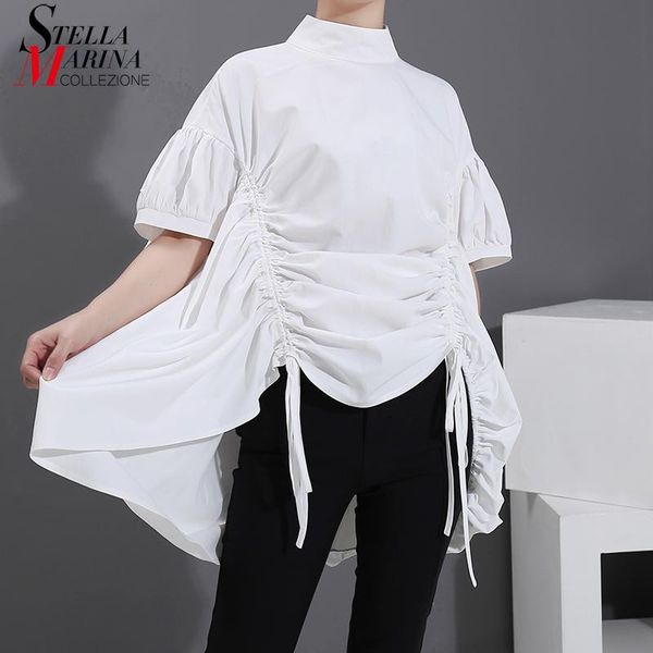 

women's blouses & shirts 2021 korean style women summer stylish solid white blouse shirt draped design plus size casual blusas feminine