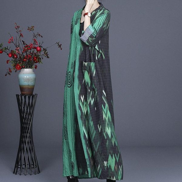 

casual dresses qpfjqd ladies summer autumn v neck printed dress loose women 2021 retro print long full sleeve, Black;gray