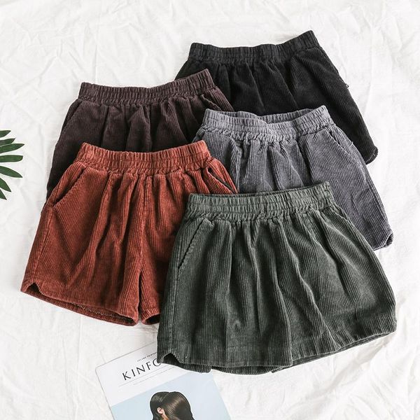 

women's shorts solid elastic waist striped thick autumn winter vintage wide led pocket female, White;black