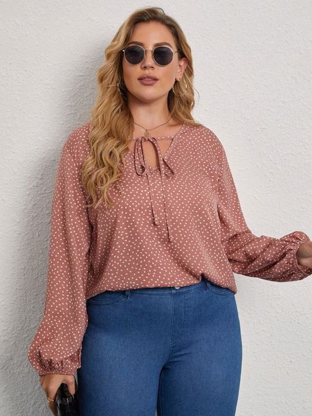 

plus all over print tie neck blouse s6f2#, Black