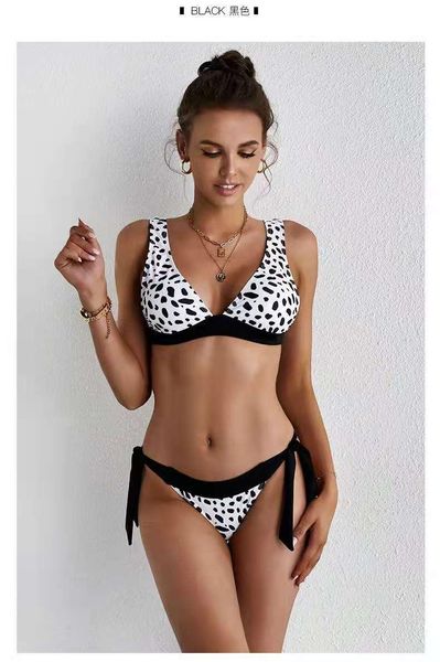 

women's swimwear 2021 bikini european female wave point tie ound pool swimsuit two piece set 43338, White;black