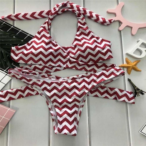 

one-piece suits 2021 red wave womens bikini set halter bandage push-up padded brazilian swimwear traingle swimsuit summer bathing