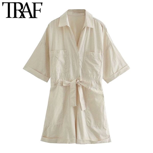 

women chic fashion with pockets loose playsuits vintage adjustable tied back elastic female short jumpsuits mujer 210507, Black;white