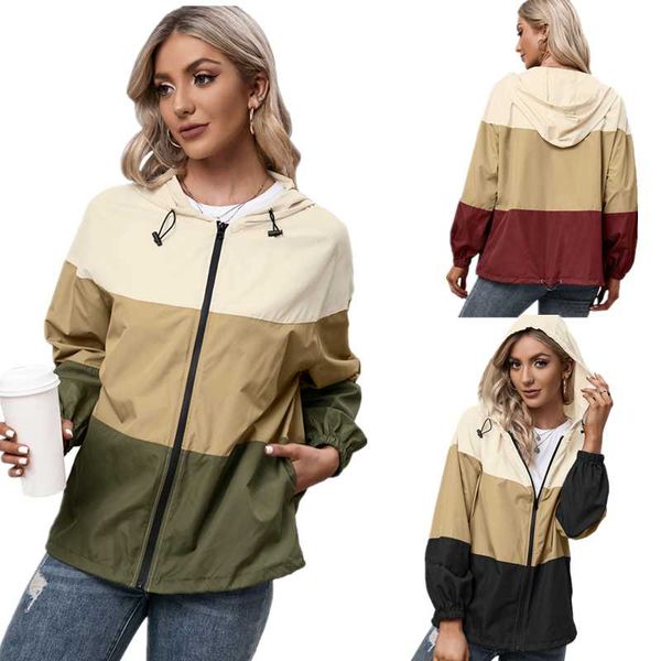 

women's trench coats fashion hooded patchwork waterproof jacket outdoor sports mountaineering clothes raincoat casual women, Tan;black
