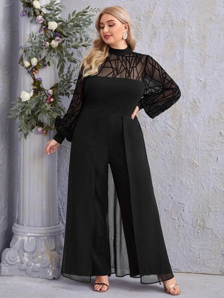 

plus lantern sleeve mesh yoke wide leg jumpsuit y15w#, Black
