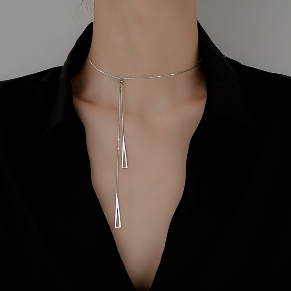 

chains fashion titanium steel non-fading geometric tassel female necklace simple temperament long short chain clavicle jewelr, Silver