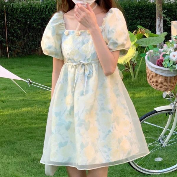 

party dresses women korean kawaii mini dress 2021 summer puff sleeve print floral holiday elegant sweet, White;black