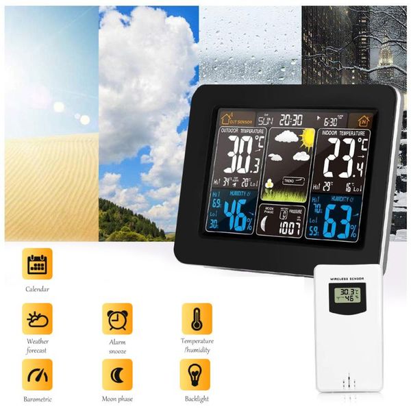 

other clocks & accessories color screen weather clock with temperature and humidity monitor, rf sensor, time date display, calendar moon pha