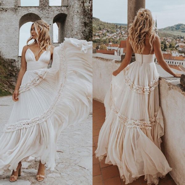 

bohemian spaghetti wedding dresses boho maxi a line v neck bridal gowns tiered skirts gypsy vestido de noivas, White