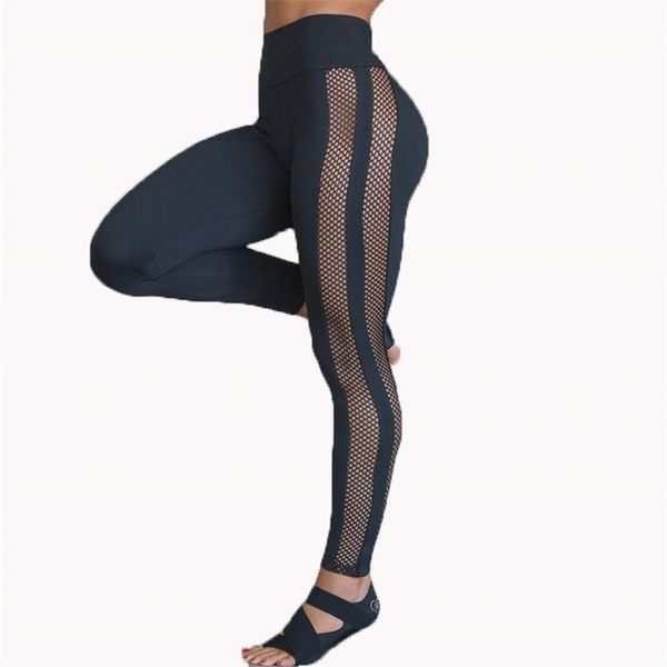 

ogilvy mather women fitness leggings high waist leggins soild mesh patchwork leggings gothic insert mesh design pants 211216, Black