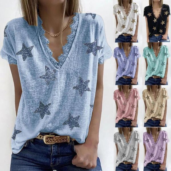 

oversized t-shirt summer woman clothes 2021 lace edge v-neck short sleeve t-shirts loose casual female tees women's, White