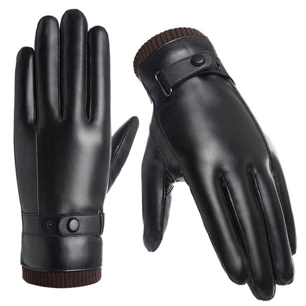 

men's winter black gloves leather press screen buckle bicycle outdoor riding warm waterproof cycling