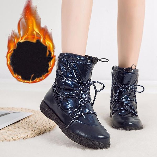 

boots 2021 patent leather snow women winter plush warm waterproof ankle lady fashion elastic band hight platform shoes, Black