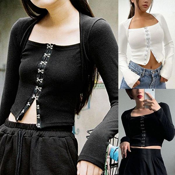 

women's t-shirt gothic t-shirts long sleeve female punk style autumn streetwear slim outfit crop harajuku, White