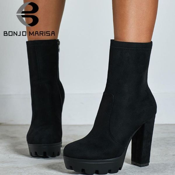 

boots bonjomarisa design platform elegant office flock ankle women high heels ol shoes woman, Black