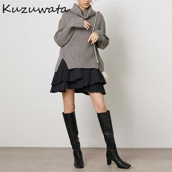Kuzuwata outono vestuário feminino pescoço alto manga comprida lado slit de malha camisola tops Ruffled vestido de sling plissado 211108