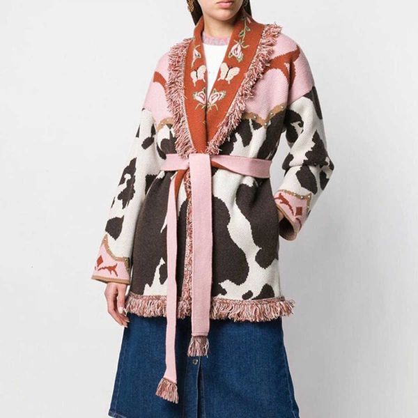 

women's sweaters retro nation embroidered tassel coat autumn winter sweater cardigan thick loose knitwear outerwear overcoat t9jm, White;black