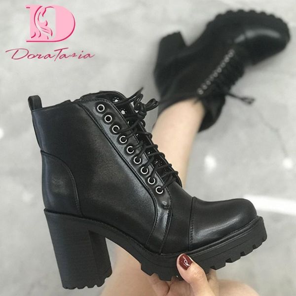 

boots doratasia fashion female platform ankle thick high heels zip cross tied women office daily concise shoes woman, Black