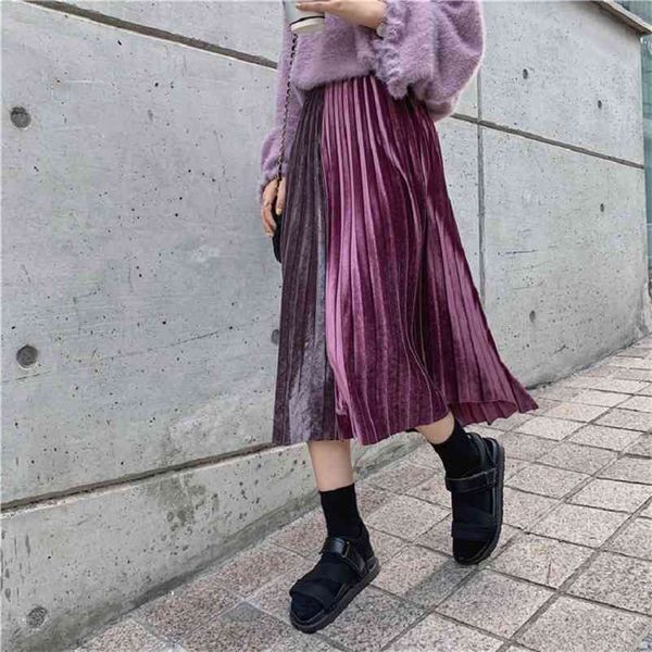 

trend autumn korea velvet stitching pleated skirts joker elegant slim long a-line mid-calf patchwork woman 210517, Black