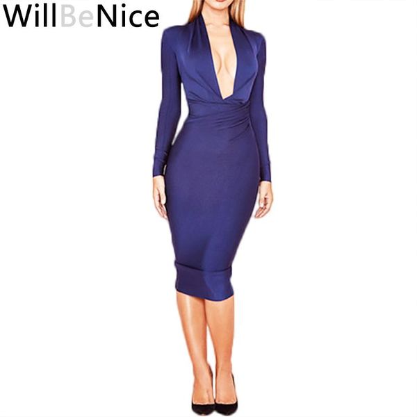 

casual dresses willbenice navy blue 2021 arrival deep v neck party winter dress women's long sleeve bodycon celebrity bandage, Black;gray