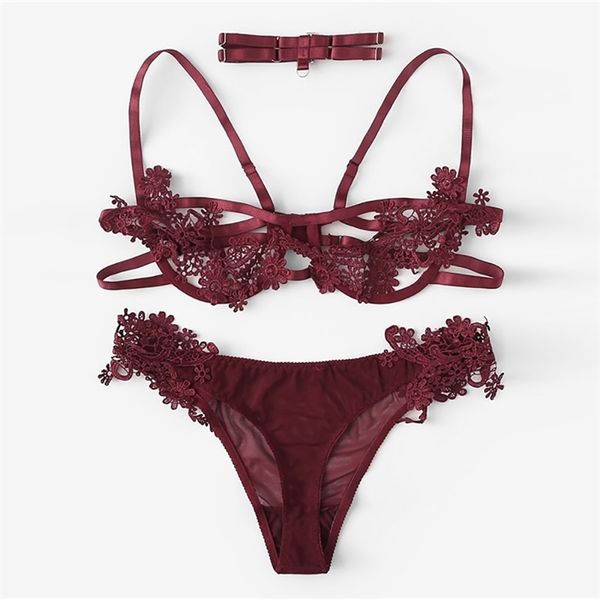 

lace lingerie embroidery undewear set women 2 pcs underwire set burgundy hollow out transparent lingeries bra set, Black;white