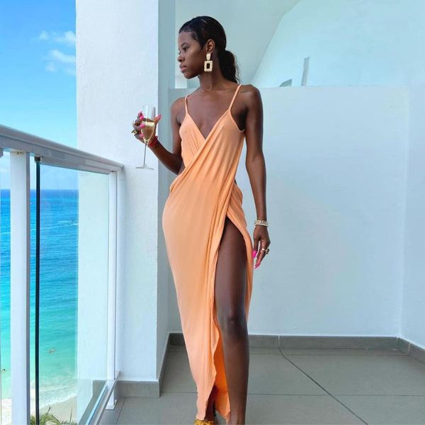 

casual dresses 2021 style women summer irregular dress ladies backless solid color v-neck spaghetti strap slit long, Black;gray