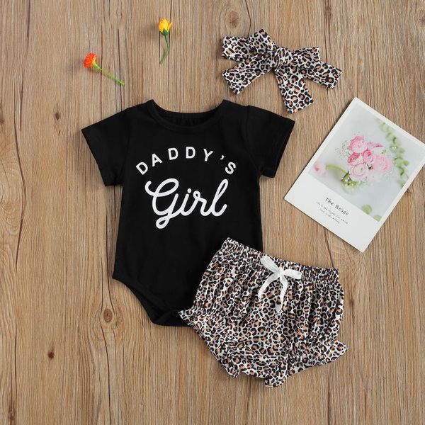 

born baby girls 3-piece outfit set letter print daddys short sleeve cotton romper+leopard shorts+headband toddler clothing sets, White