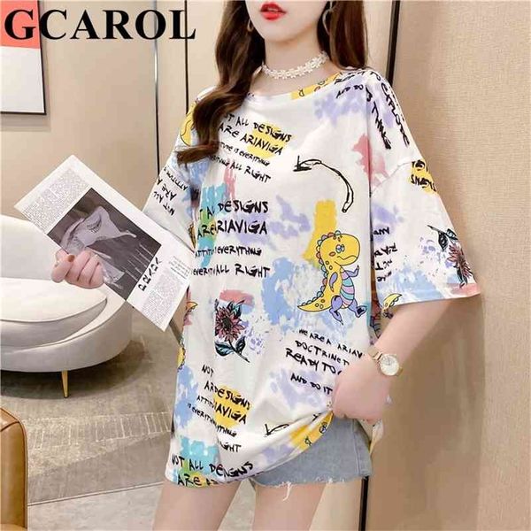 

gcarol summer women cartoon long t-shirt oversized letters graffiti multi-printed cute stretch streetwear tees plus size xl 210324, White
