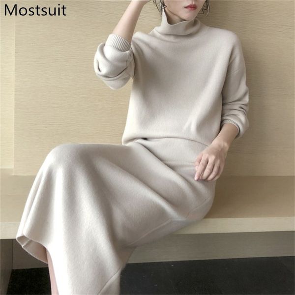 

fashion knitted women skirt set winter turtleneck sweater + high waist long suits elegant korean ladies 2 pcs outfits 210518, White