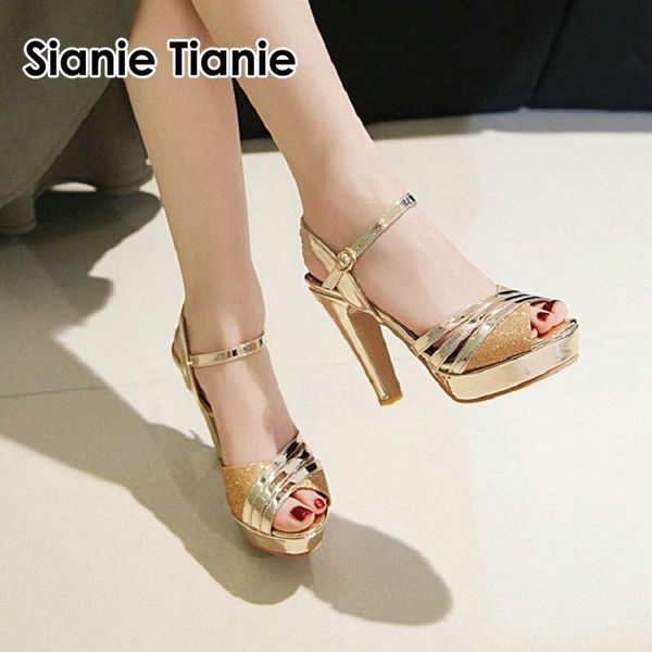 

sianie tianie 2021 patent leather pu glitter bling peep toe woman sandals super thin high heels wedding party dress shoes sandal, Black