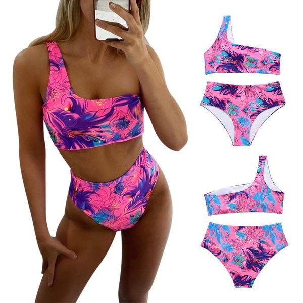 

bikini set female split swimsuit women print colorful tankini shoulder swimwear powder s/m/l code two-piece suits
