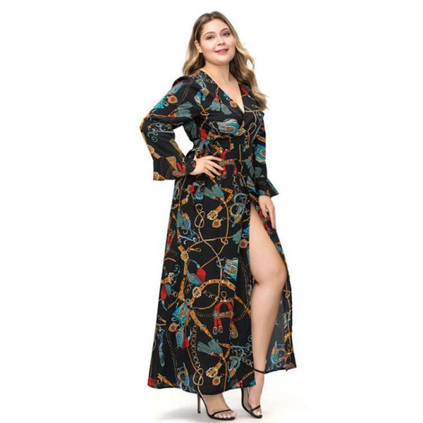 

casual dresses 2021 plus size 3xl-6xl women print long dress, Black;gray