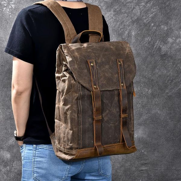 

backpack vintage men's waxed canvas mountaineering backpacks oli leather lapbagpack waterproof rucksack travel bags