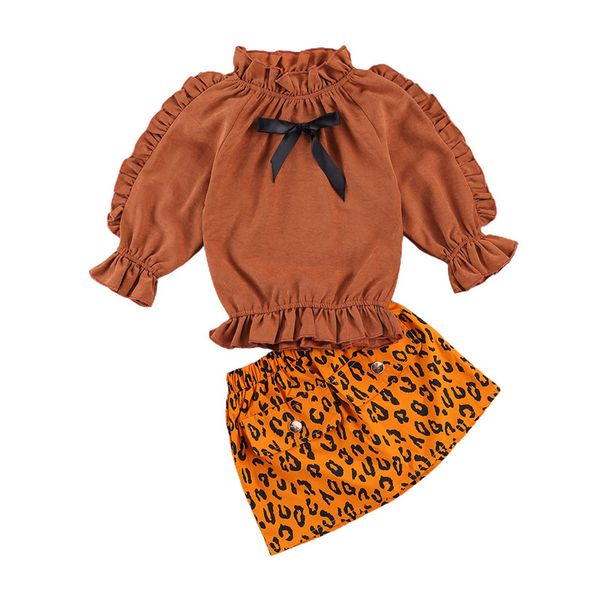 

1-6 years toddler girls casual outfits ruffle high-neck elastic shirt + leopard print high-waist skirt for little girls set, White