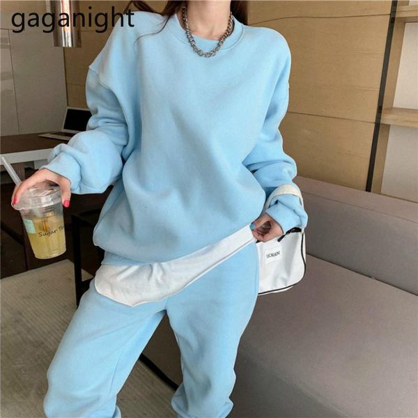 

gaganight women tracksuit set thick jumper 2021 spring 2 pieces high waist loose pant two for woman chic suit women's hoodies & sweatsh, Black