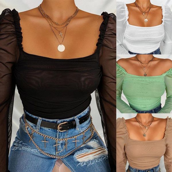 

women's puff sleeve square neck blouse shirts autumn mesh long blouses female vintage solid &, White