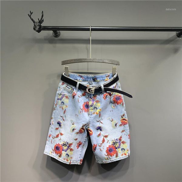 

women's jeans shorts women high waist wide-leg fashion straight floral print woman denim five pants, Blue