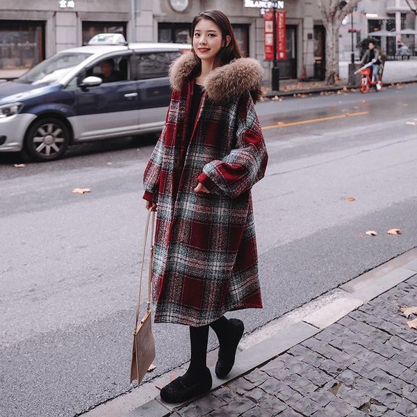 

women's wool & blends coat female 2021 winter woolen jacket red plaid fashion big fur collar loose korean long style thicken cloak warm, Black