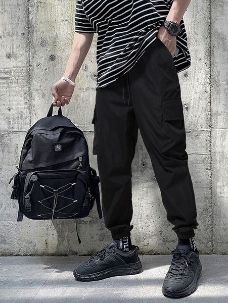 

men drawstring waist cargo pants x2zp#, Black