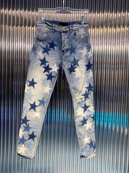 

men's jeans quality blue high star patch embroidery mens casual ripped slim fit worn beggar pants