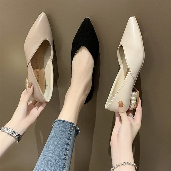 

womens shoes new french low-heeled simple thick-heeled pearl ladies shallow mouth all-match casual pointed peas shoes1, Black