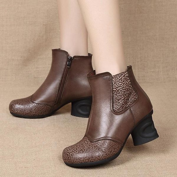 

boots folk style genuine leather ankle shoes vintage mom women retro handmade for, Black