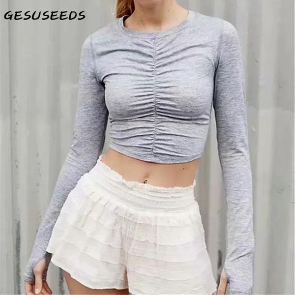 

spring cropped t shirt women long sleeve shirts casual o neck ruched basic t shirt slim white shirts black gray 2021