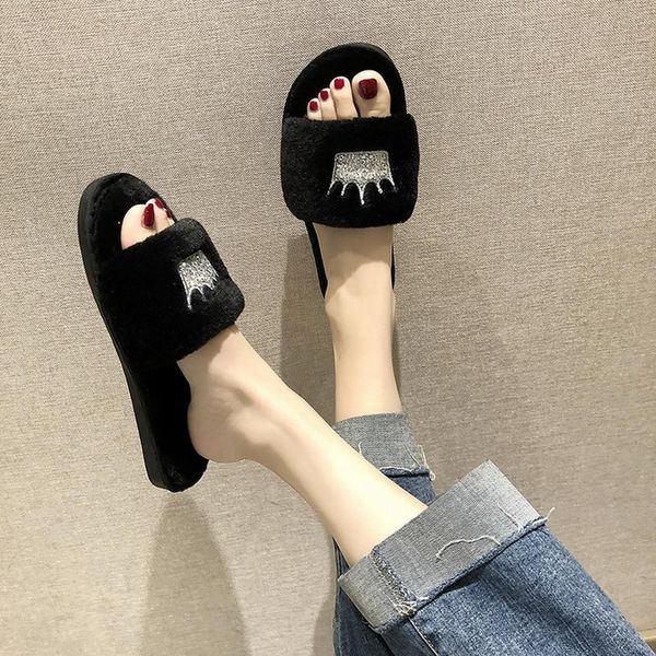 

puimentiua fashion crown women fur slippers winter plush warm home soft indoor fluffy shoes, Black